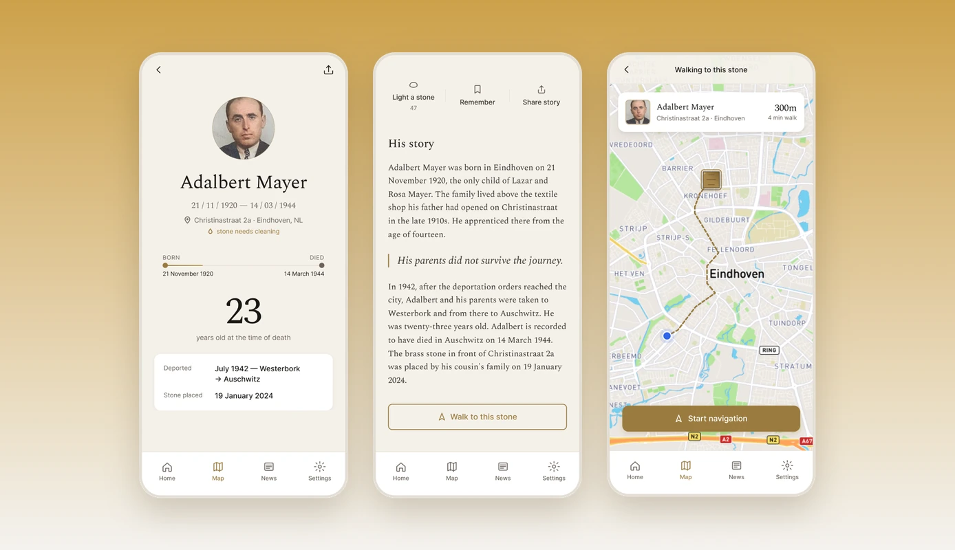 Stolpersteine case — victim profile, story and walking route screens of the memorial app