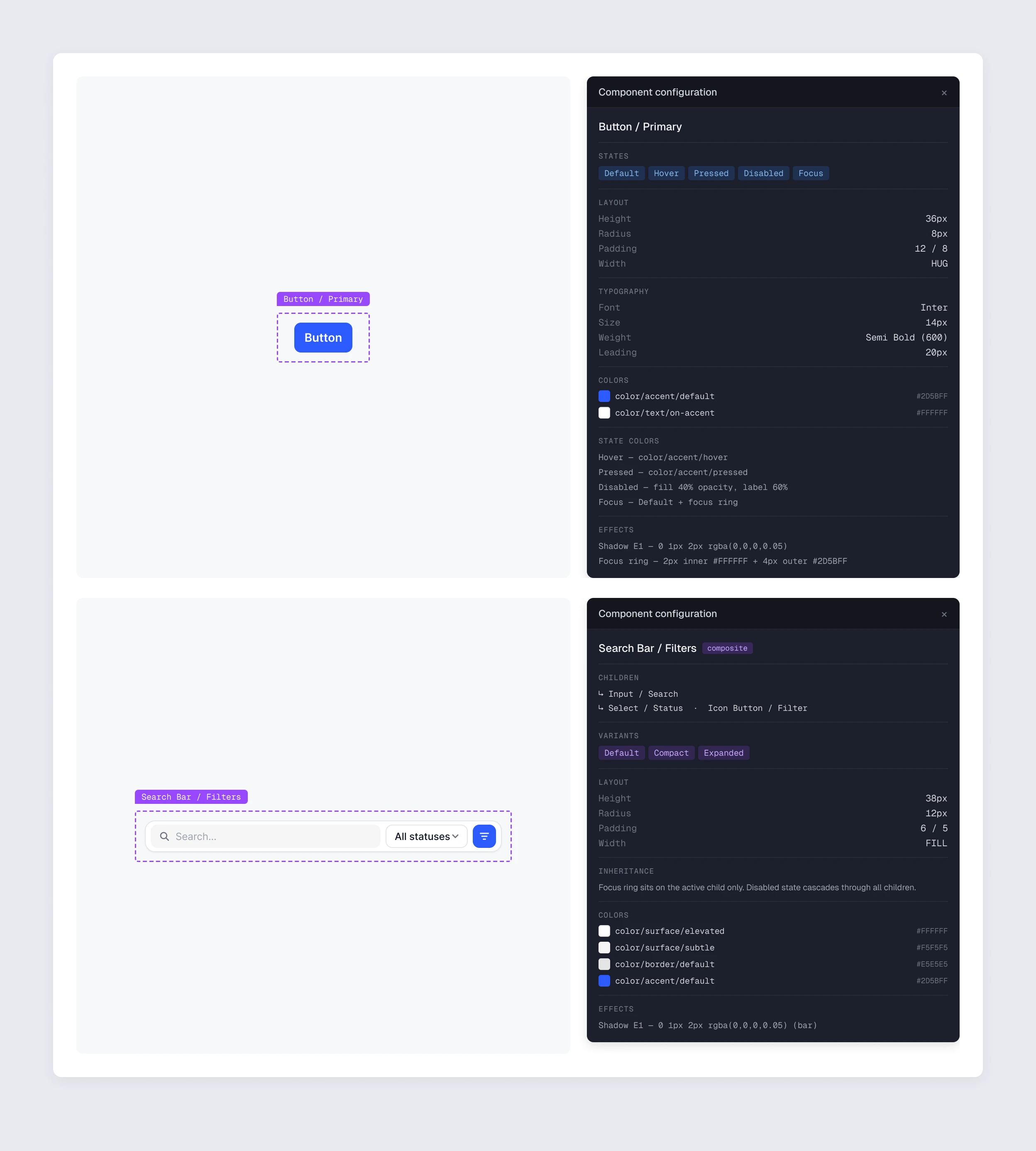 Component configuration for a primary button and for a search-bar composite: states, layout, typography, colours, and how focus and disabled states are inherited by the children