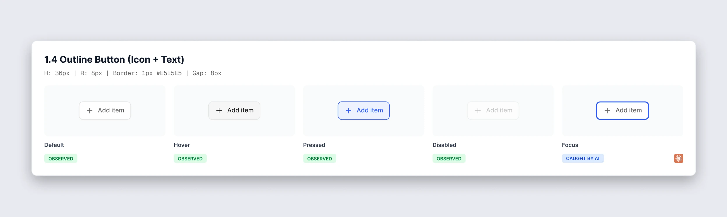 State matrix for an outline button with an icon: default, hover, pressed and disabled observed in the product, the focus state caught by AI