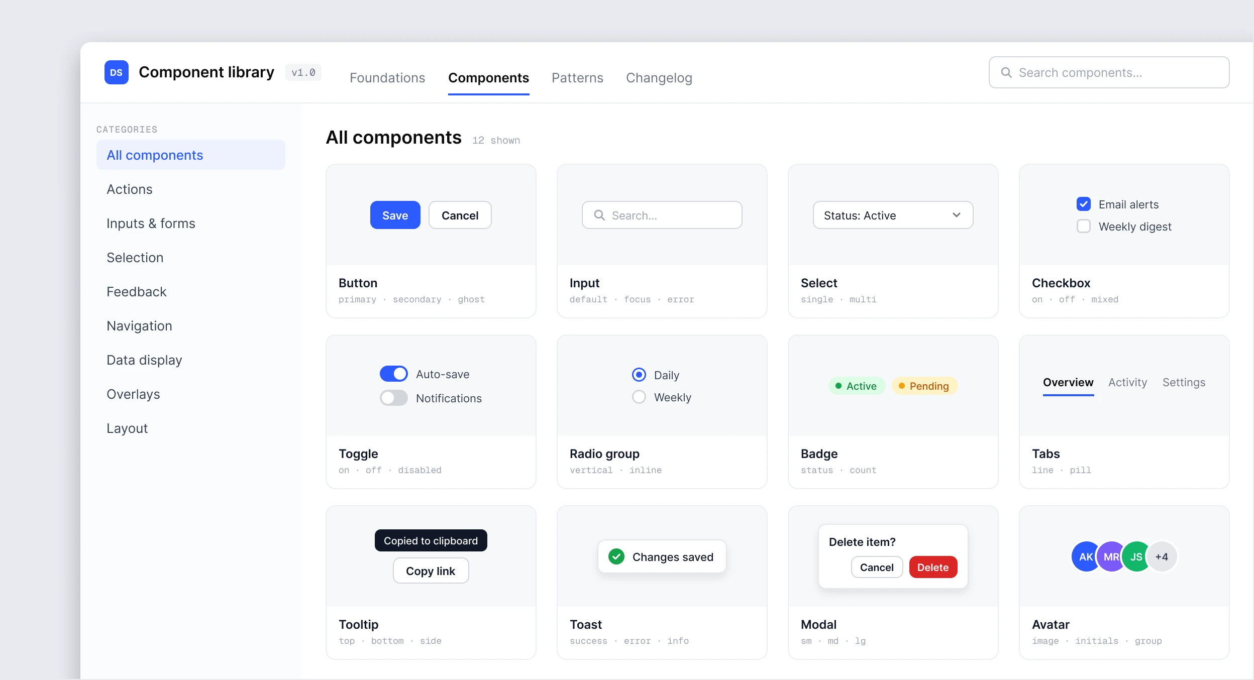The component library documentation: categories on the left and twelve components with their variants — button, input, select, checkbox, toggle, radio group, badge, tabs, tooltip, toast, modal and avatar
