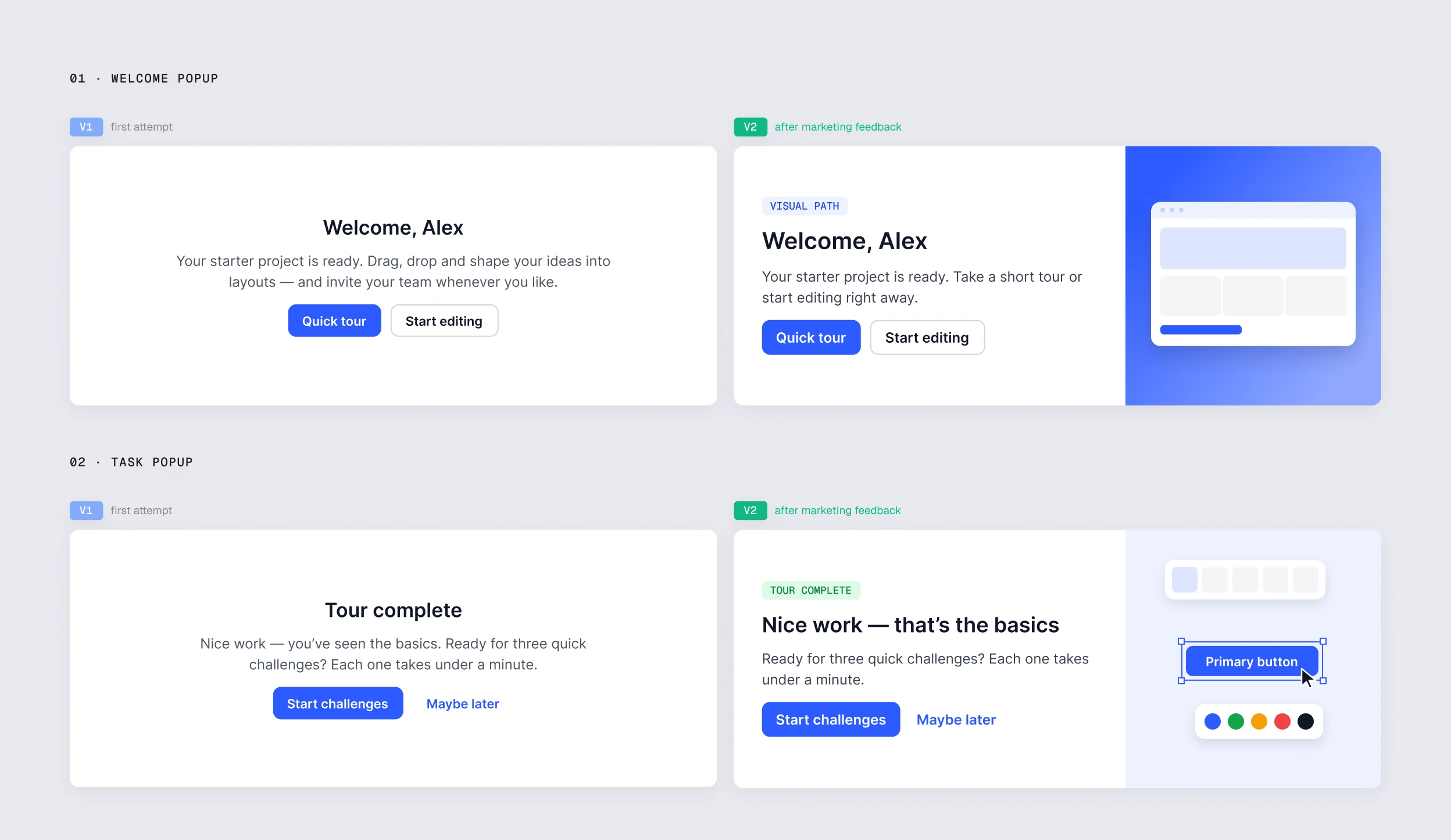 Welcome and task popups, V1 and V2: the first attempt as plain centred text, the version after marketing feedback with a visual panel, a clear label and stronger hierarchy
