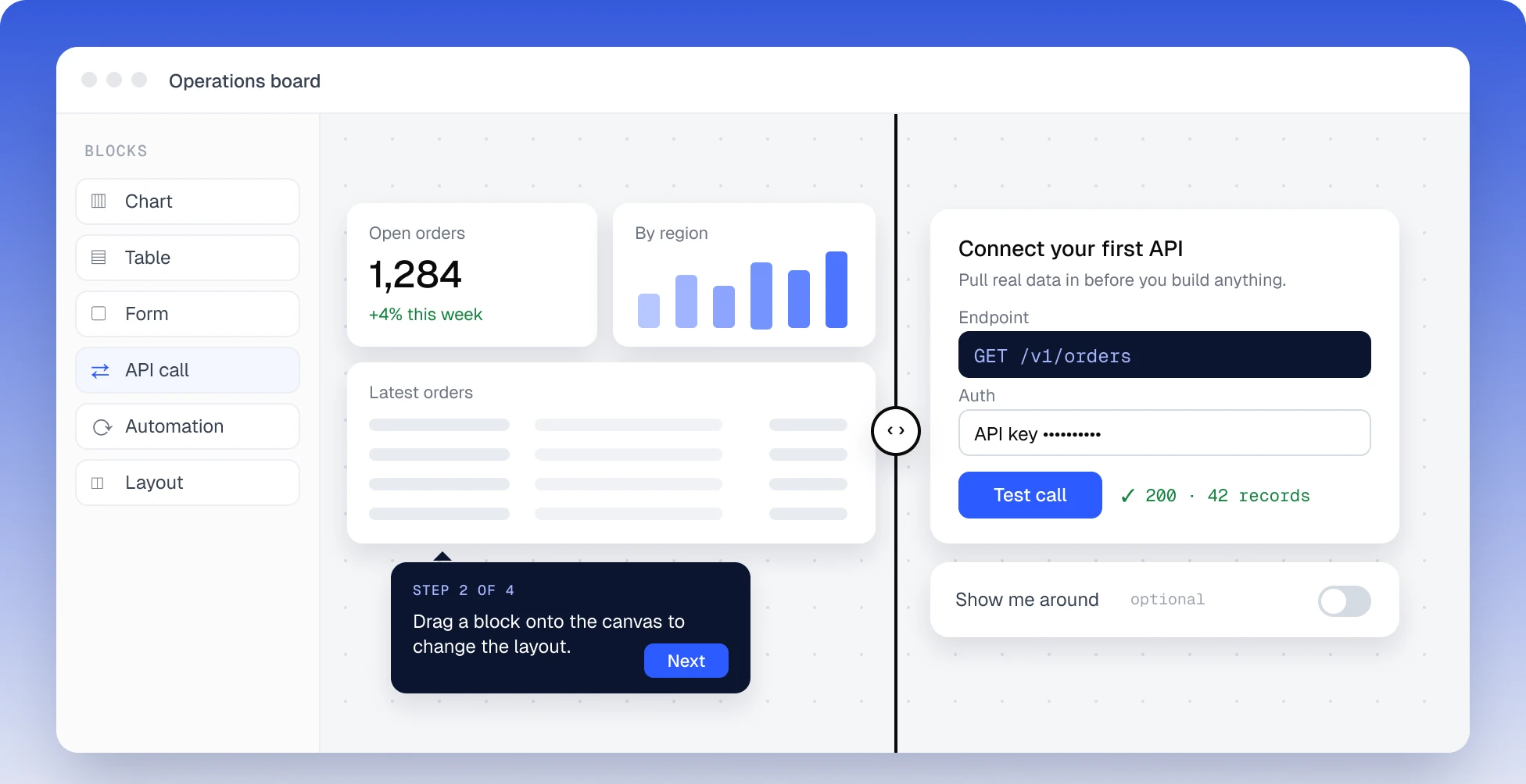 One editor, two starts: on the visual side a dashboard with a four-step tour tooltip, on the technical side connecting a first API, with the tour as an optional switch