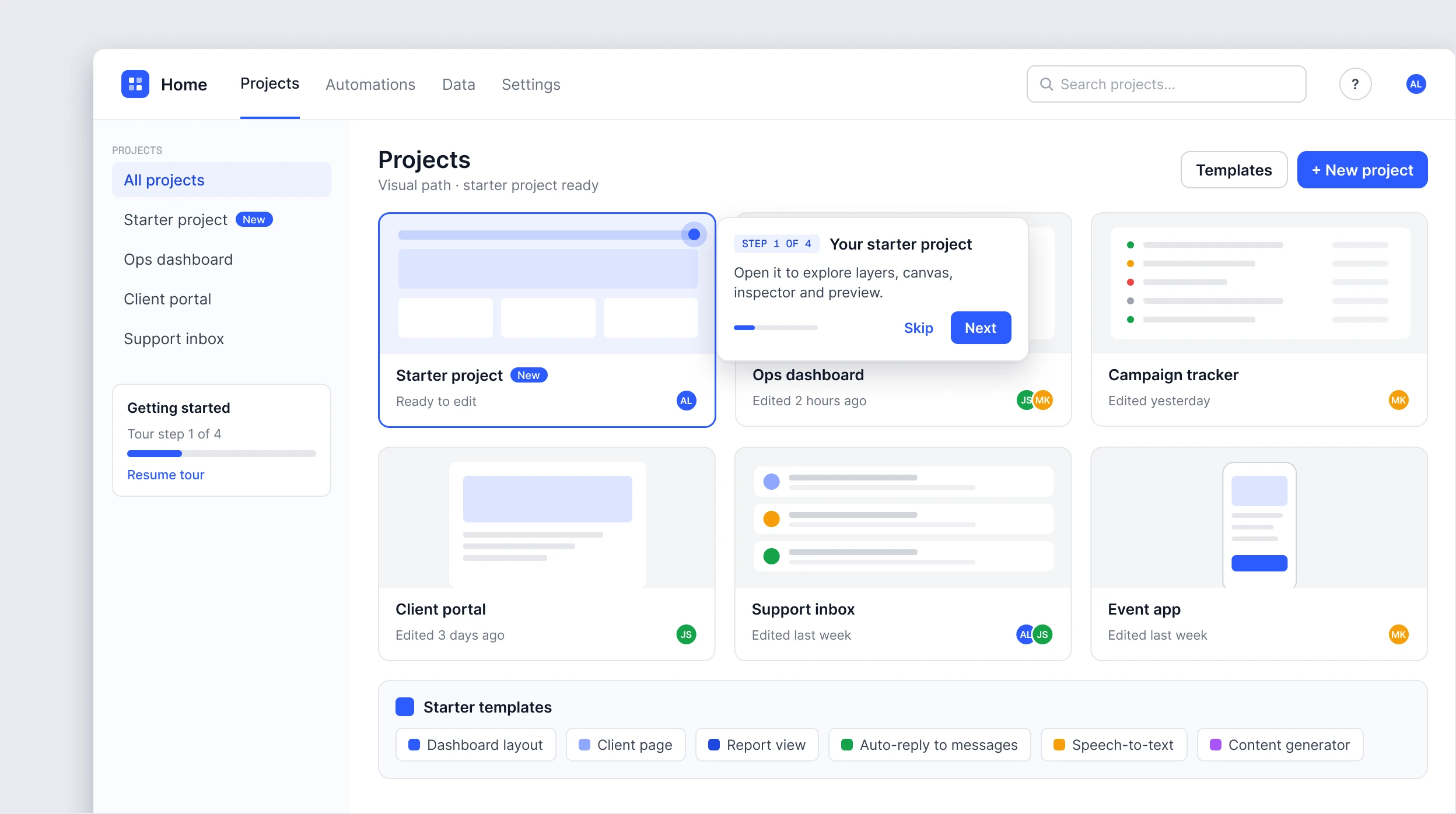 The visual path in the product: the projects page with a new starter project, the first step of the tour, a getting-started progress card and starter templates
