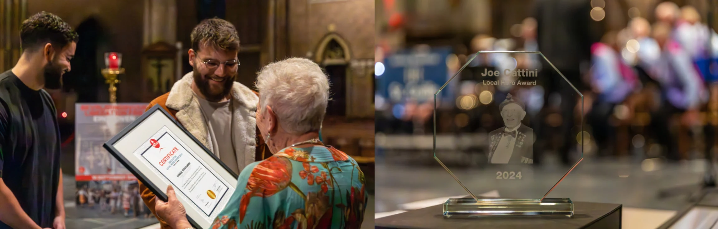 Joe Cattini Local Hero Award 2024: the certificate presented in Eindhoven, and the glass award