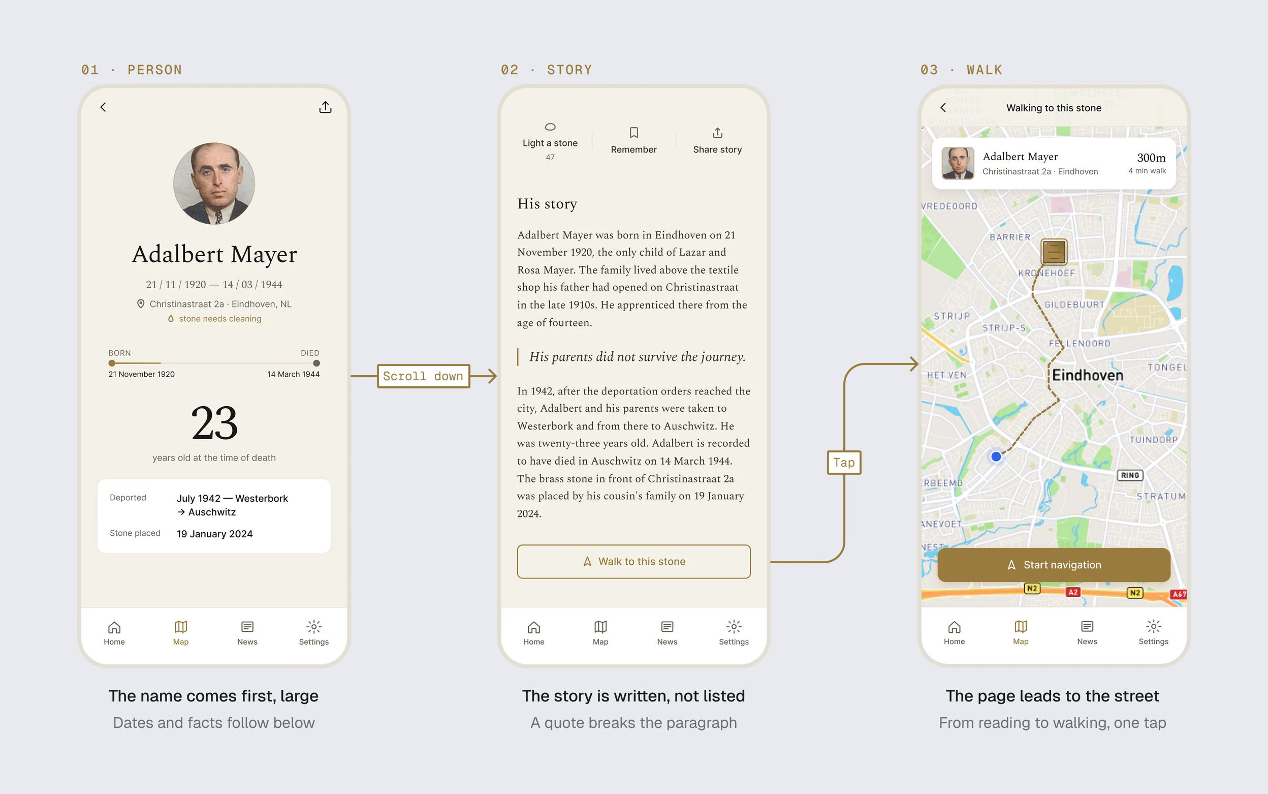 Narrative-first profile: the name comes first and large, the story is written rather than listed, and the page leads to the street
