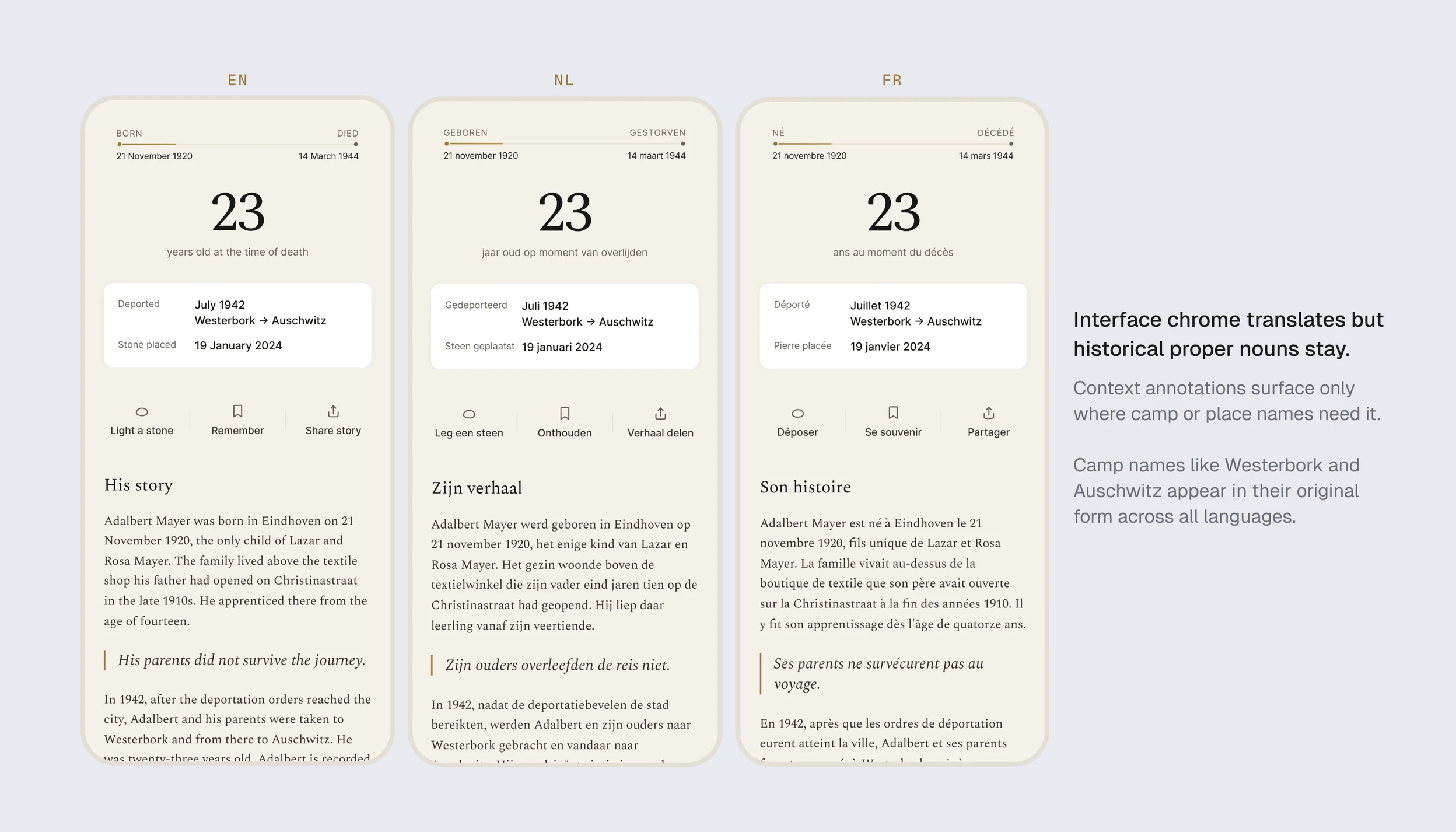 The same profile in English, Dutch and French: the interface translates, while camp and place names stay in their original form