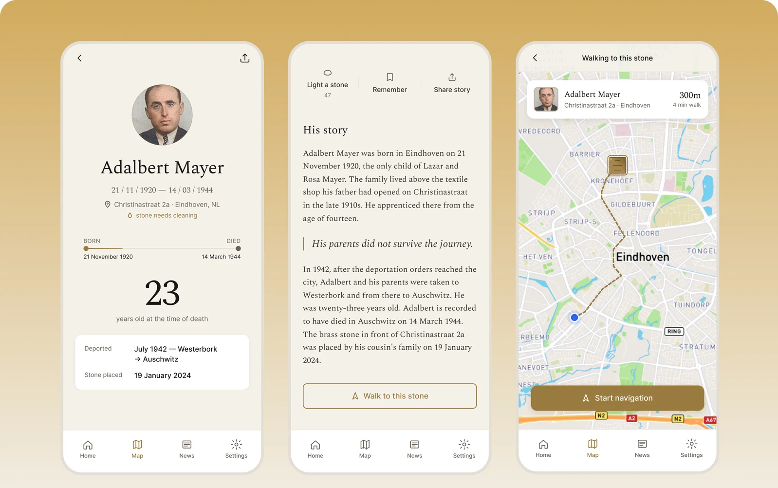 Three screens of the Stolpersteine app: a victim profile with name, dates and age at death, his written story, and the walking route to his stone