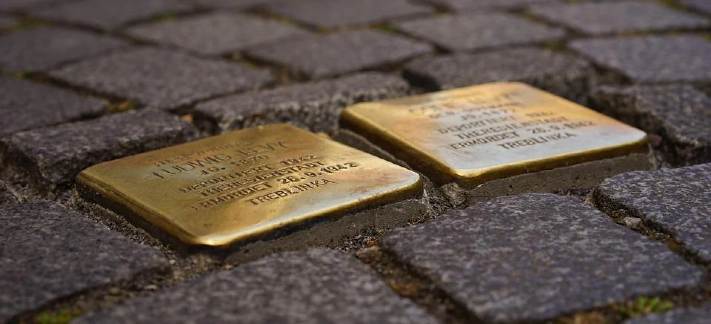Two brass Stolpersteine set into cobblestones, engraved with the names and fates of victims